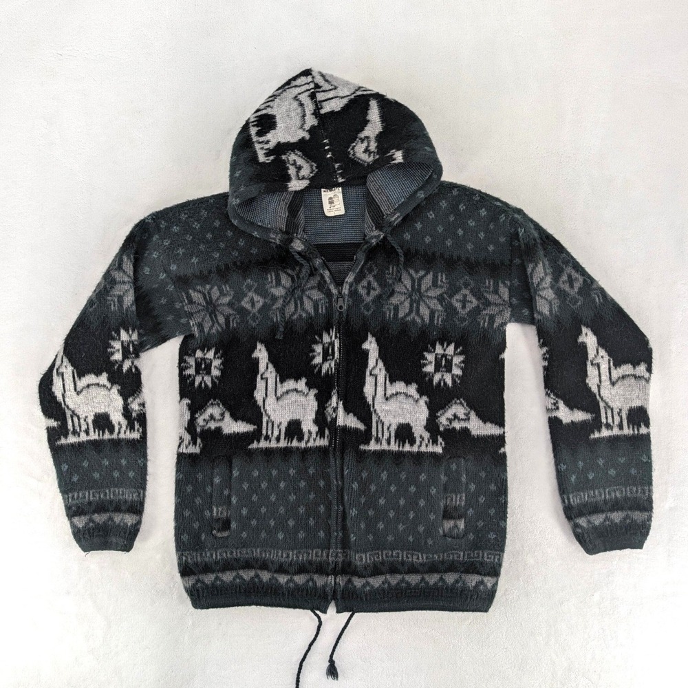 Aly Maria Wool Hoodie Alpaca Llama Knit Full Zip Sweater Ecuador Small Vintage